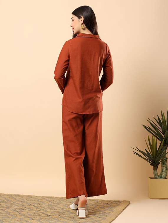 women solid long sleeve shirt & trouser co-ord set - 22100939 - Standard Image - 3