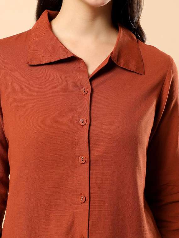 women solid long sleeve shirt & trouser co-ord set - 22100939 - Standard Image - 5