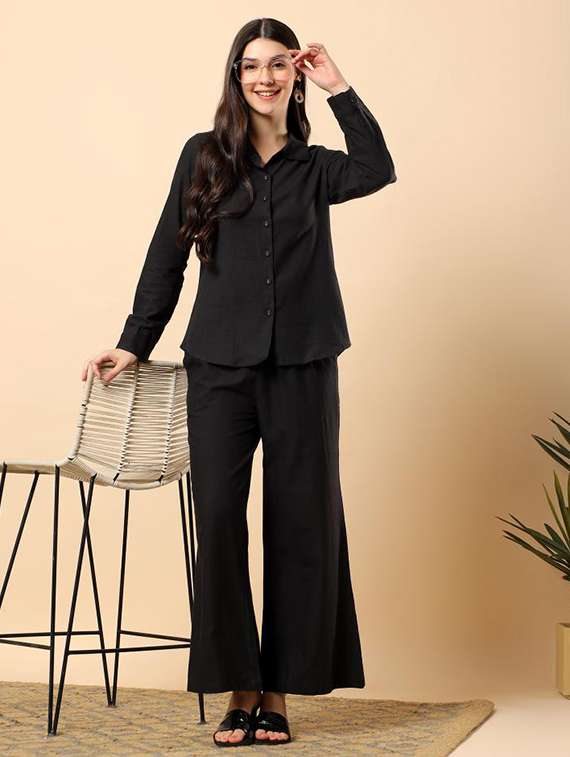 women solid long sleeve shirt & trouser co-ord set - 22100942 -  Zoom Image - 0