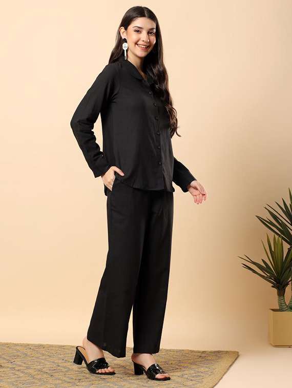 women solid long sleeve shirt & trouser co-ord set - 22100942 - Standard Image - 3