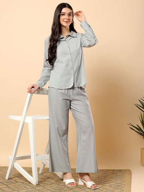 women solid long sleeve shirt & trouser co-ord set - 22100943 -  Standard Image - 0