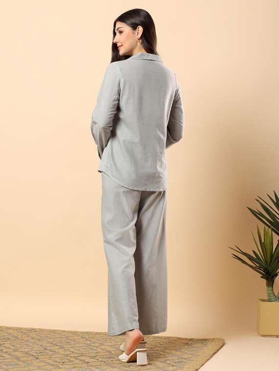 women solid long sleeve shirt & trouser co-ord set - 22100943 - Standard Image - 3