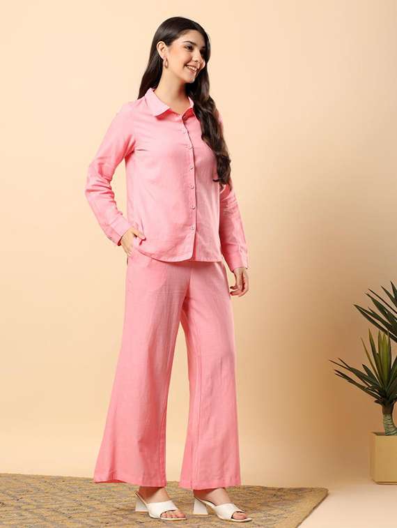 women solid long sleeve shirt & trouser co-ord set - 22100944 - Standard Image - 3