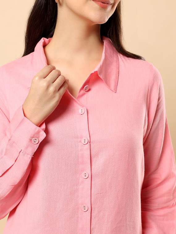 women solid long sleeve shirt & trouser co-ord set - 22100944 - Standard Image - 5