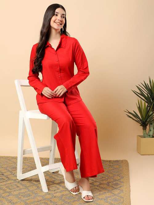 women solid long sleeve shirt & trouser co-ord set - 22100945 - Standard Image - 0