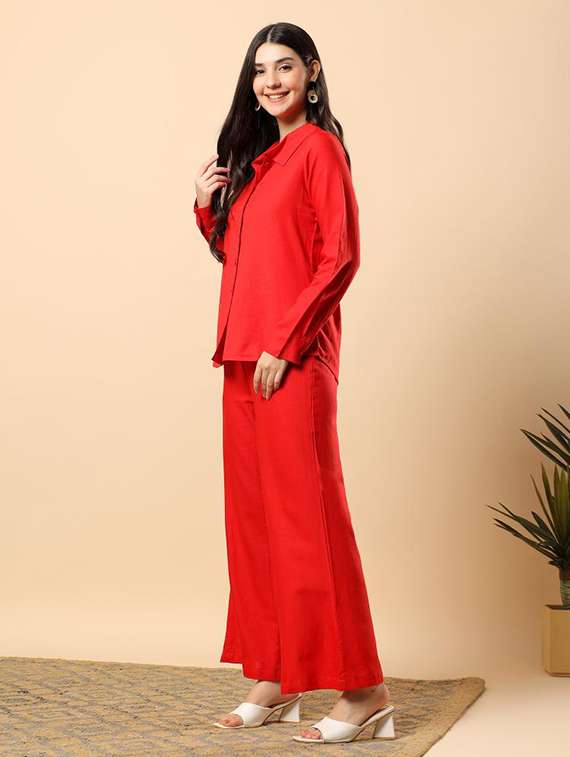 women solid long sleeve shirt & trouser co-ord set - 22100945 - Standard Image - 3