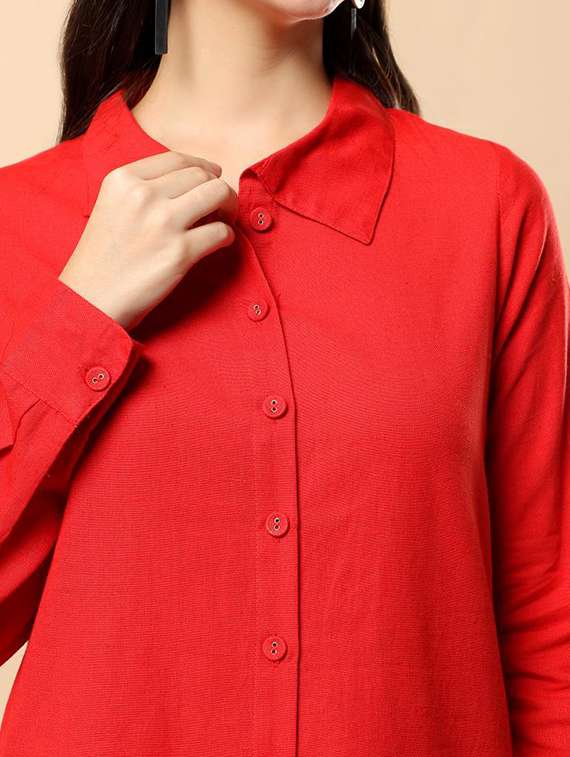 women solid long sleeve shirt & trouser co-ord set - 22100945 - Standard Image - 5