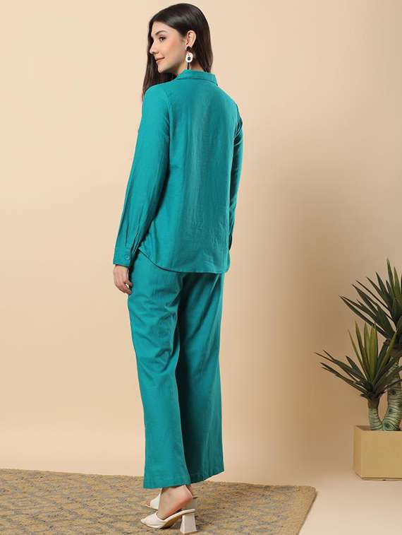 women solid long sleeve shirt & trouser co-ord set - 22100946 - Standard Image - 3