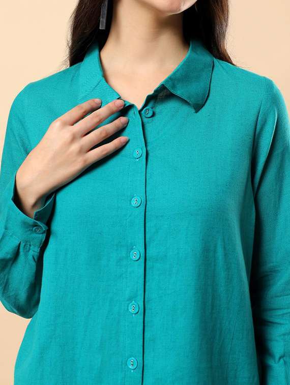 women solid long sleeve shirt & trouser co-ord set - 22100946 - Standard Image - 5