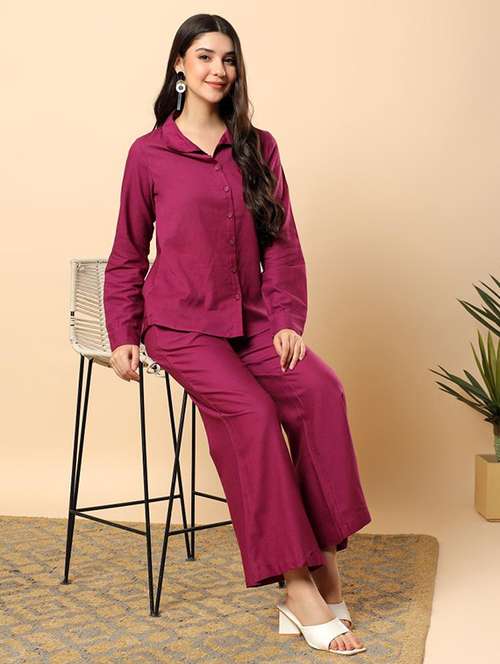 women solid long sleeve shirt & trouser co-ord set - 22100947 - Standard Image - 0