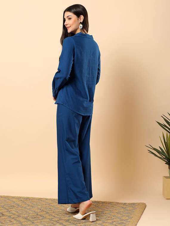 women solid long sleeve shirt & trouser co-ord set - 22100948 - Standard Image - 3