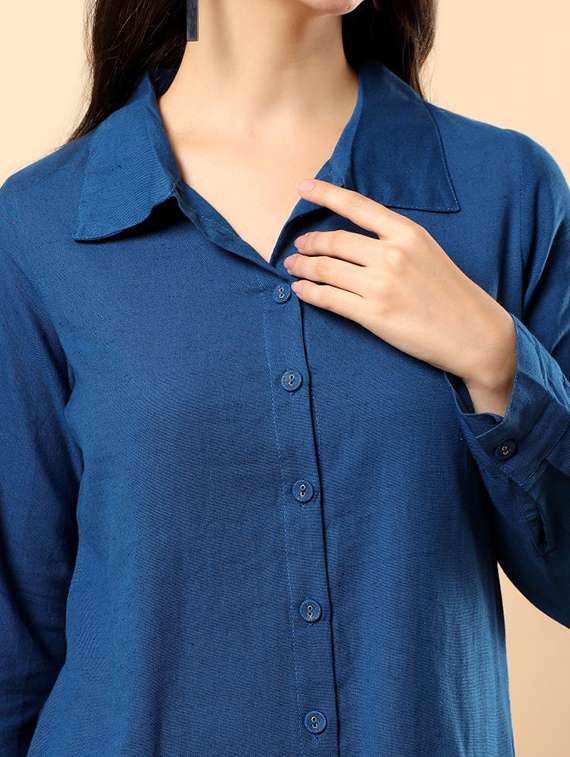 women solid long sleeve shirt & trouser co-ord set - 22100948 - Standard Image - 5