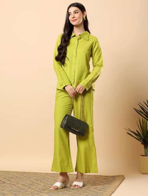 women solid long sleeve shirt & trouser co-ord set - 22100950 -  Standard Image - 0