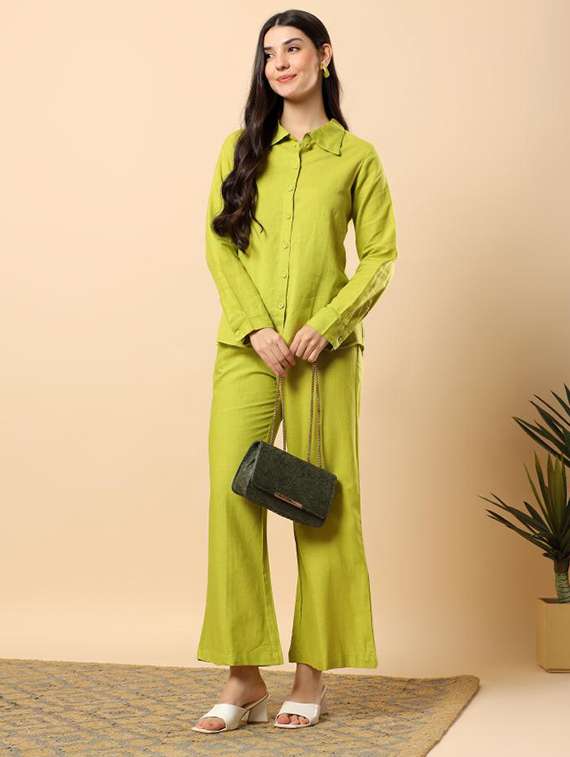 women solid long sleeve shirt & trouser co-ord set - 22100950 -  Zoom Image - 0