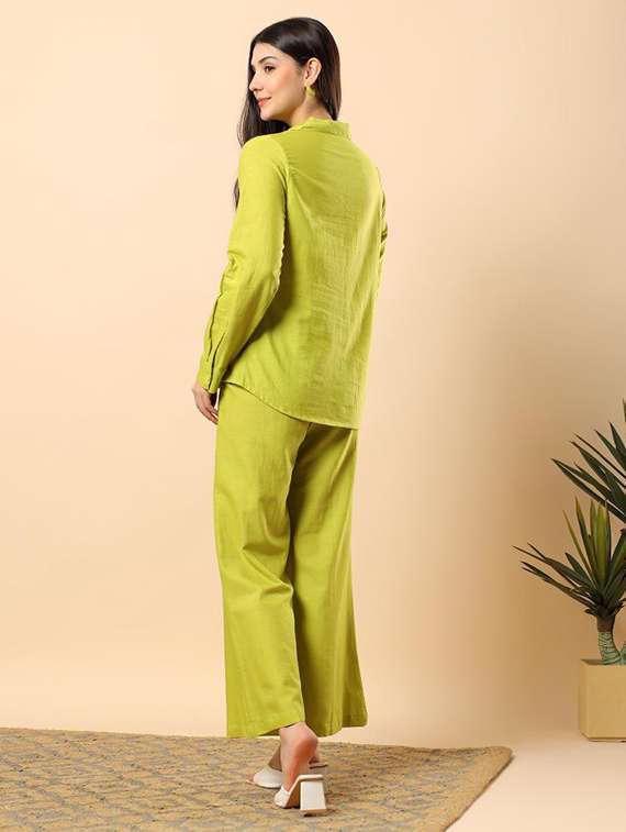 women solid long sleeve shirt & trouser co-ord set - 22100950 - Standard Image - 3