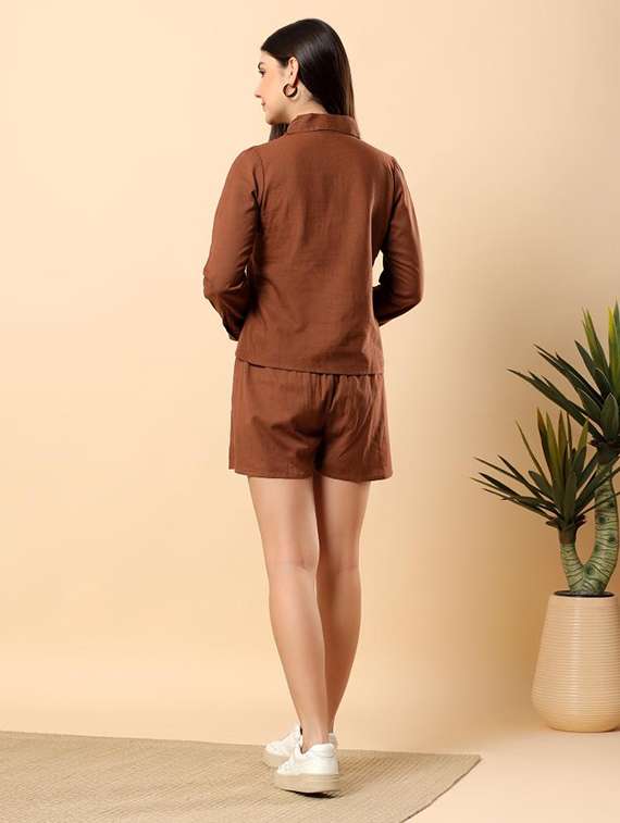 women solid long sleeve shirt & shorts co-ord set - 22100951 - Standard Image - 3