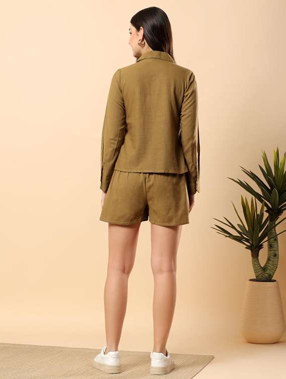 women solid long sleeve shirt & shorts co-ord set - 22100953 - Standard Image - 3