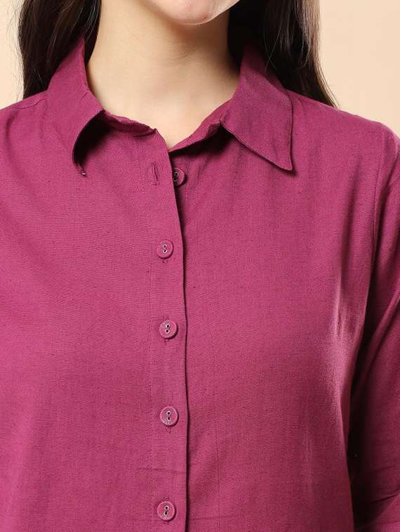 women solid long sleeve shirt & shorts co-ord set - 22100956 - Standard Image - 5