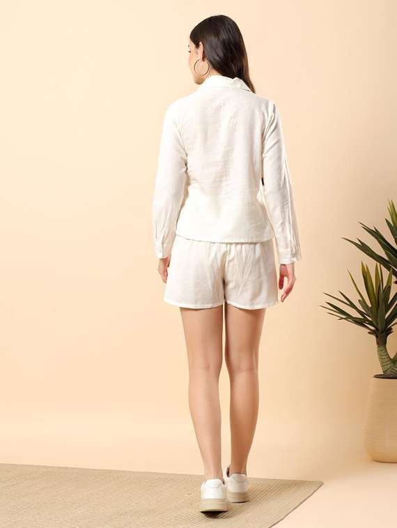 women solid long sleeve shirt & shorts co-ord set - 22100958 - Standard Image - 3