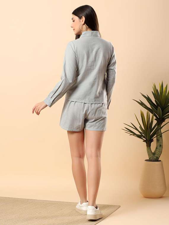 women solid long sleeve shirt & shorts co-ord set - 22100962 -  Standard Image - 3