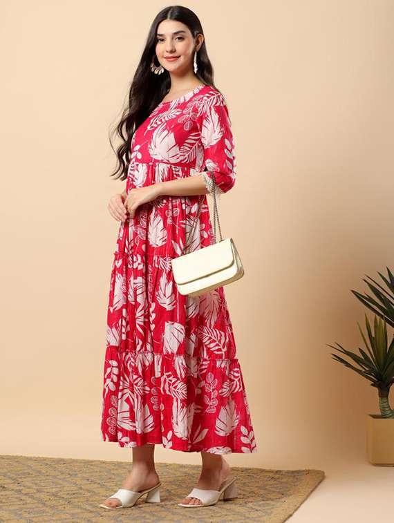 women printed round neck tiered ethnic dress