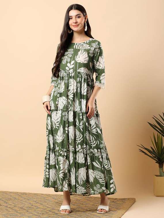 women printed round neck tiered ethnic dress