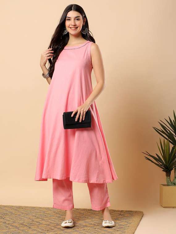 women solid round neck kurta pant set