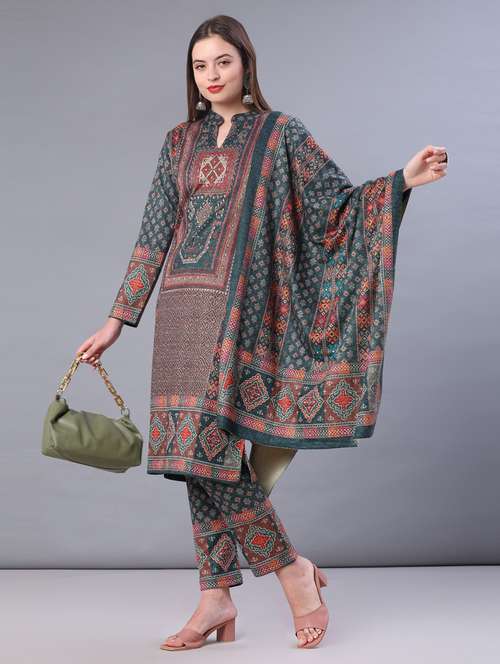 women printed long sleeve kurta pant with dupatta set - 22101040 -  Standard Image - 0
