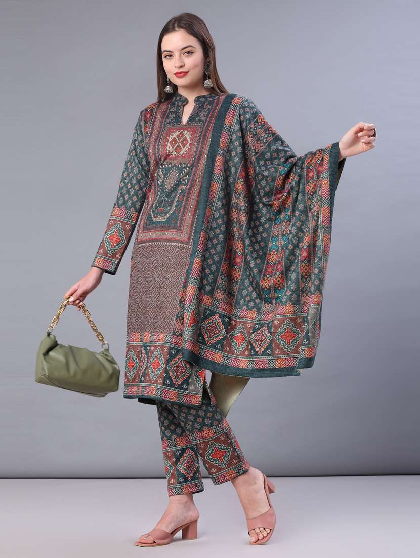women printed long sleeve kurta pant with dupatta set