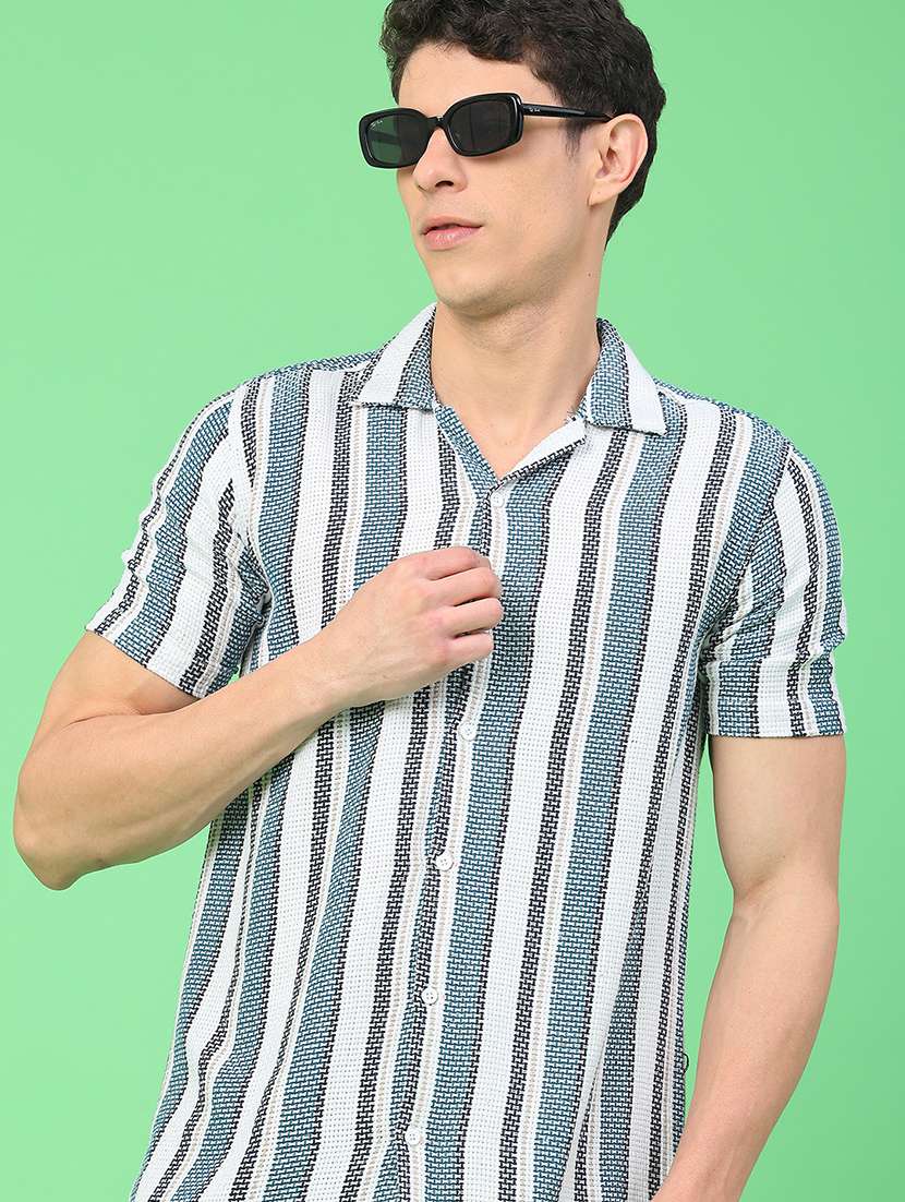 men striped short sleeve slim fit casual shirt