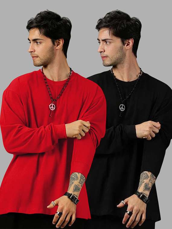 men pack of 2 solid long sleeve oversized t-shirt