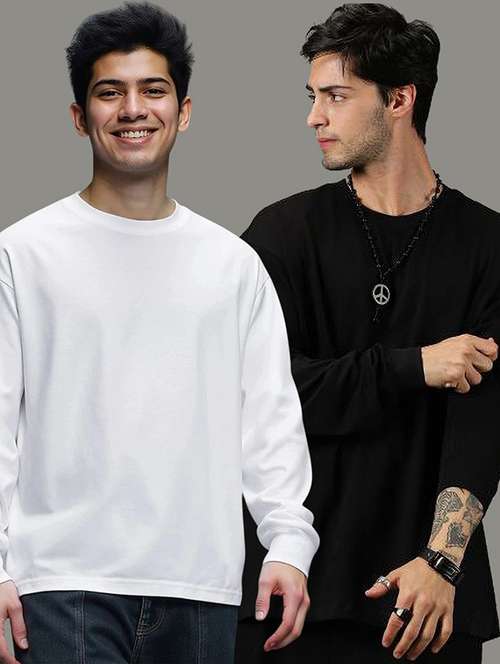 men pack of 2 solid long sleeve oversized t-shirt - 22101461 -  Standard Image - 0