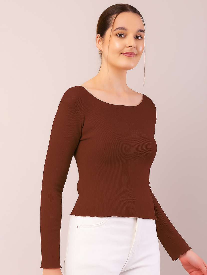 women solid boat neck long sleeve top - 22101483 -  Standard Image - 3