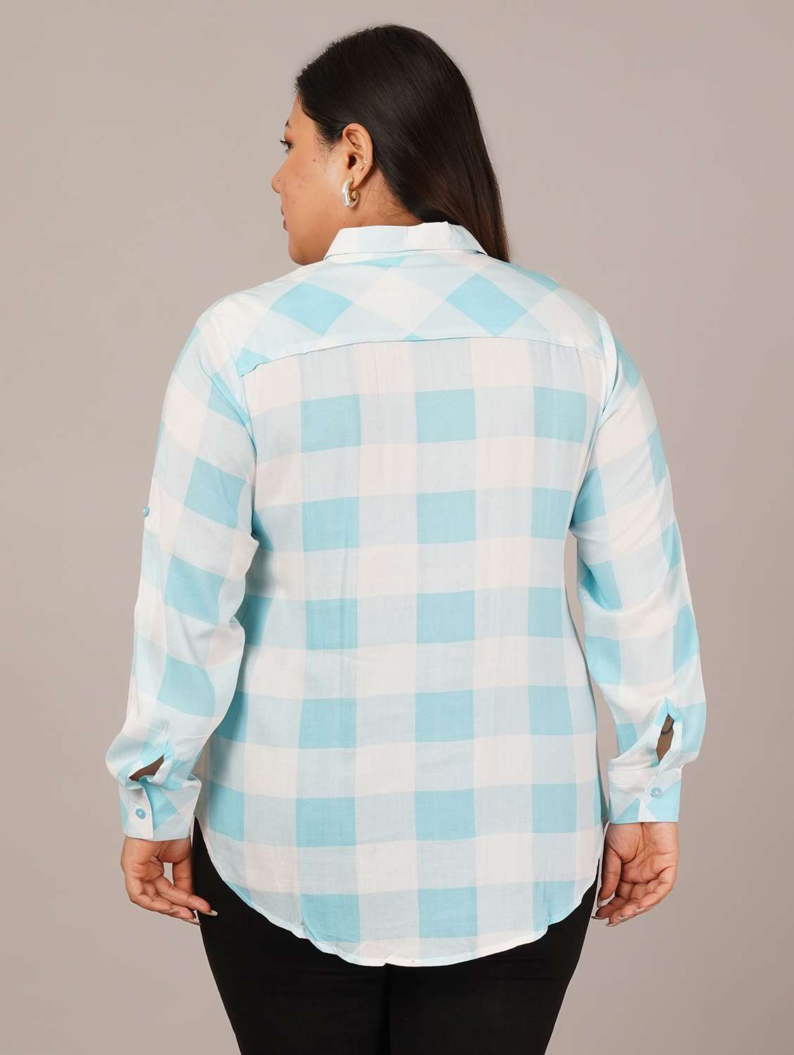 women plus size checkered long sleeve collared shirt - 22101520 -  Standard Image - 3