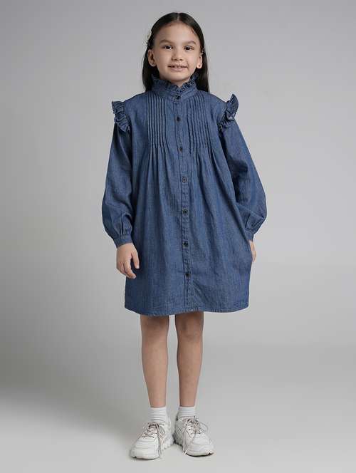 girls solid puff sleeve denim shirt dress - 22101521 - Standard Image - 0
