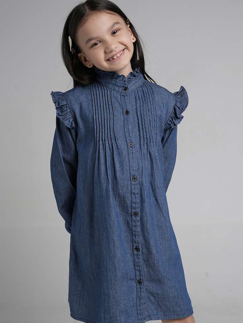 girls solid puff sleeve denim shirt dress - 22101521 - Standard Image - 3