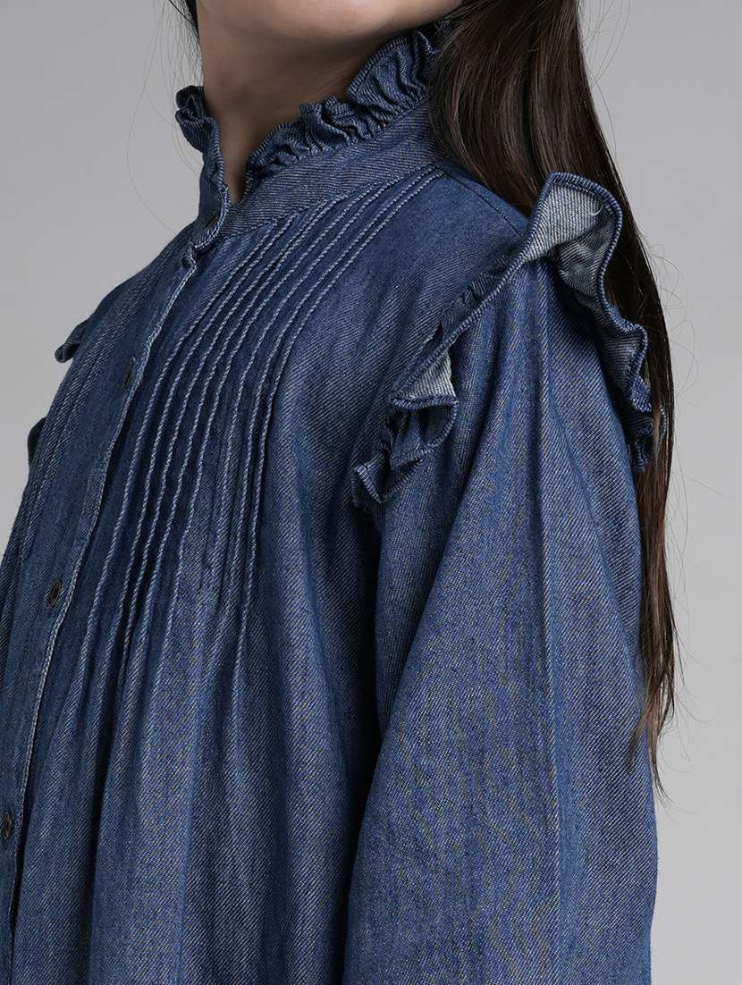 girls solid puff sleeve denim shirt dress - 22101521 - Standard Image - 5