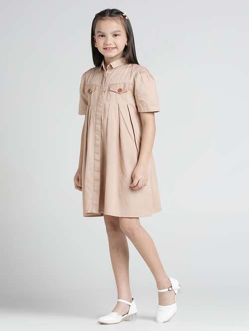 girls solid puff sleeve collared shirt dress - 22101526 -  Standard Image - 0
