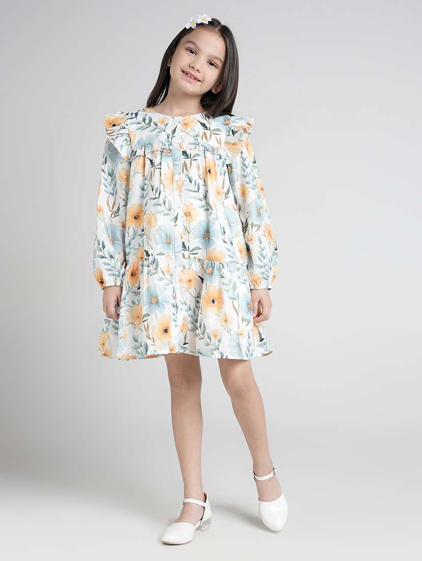 girls floral print puff sleeve tiered dress