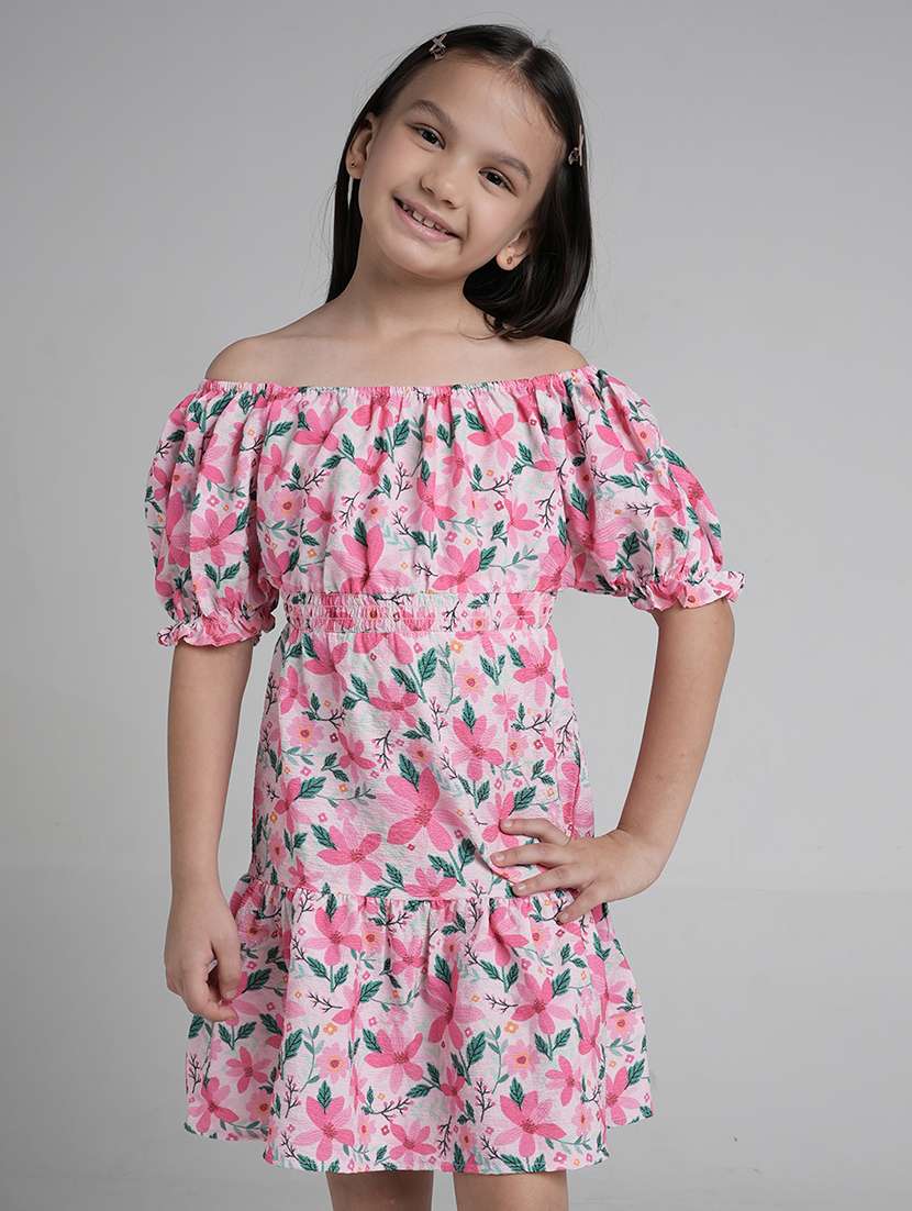 girls floral print off shoulder tiered dress