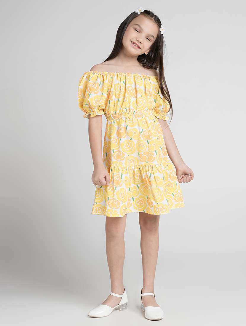 girls printed off shoulder tiered dress