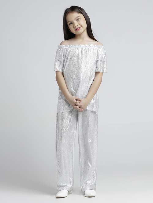girls solid off shoulder top and trouser co-ord set - 22101531 - Standard Image - 0