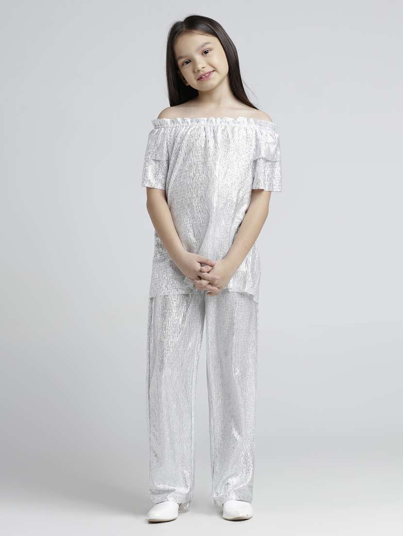 girls solid off shoulder top and trouser co-ord set