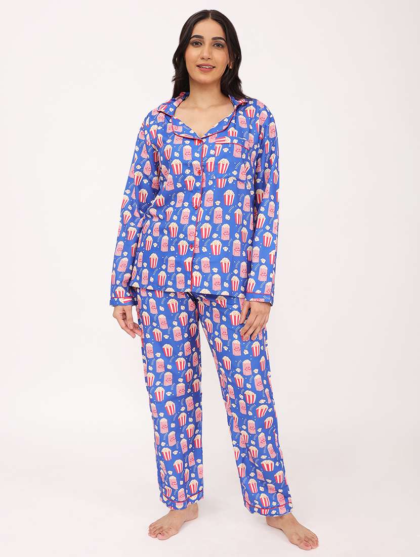 women printed long sleeve nightwear pyjama set
