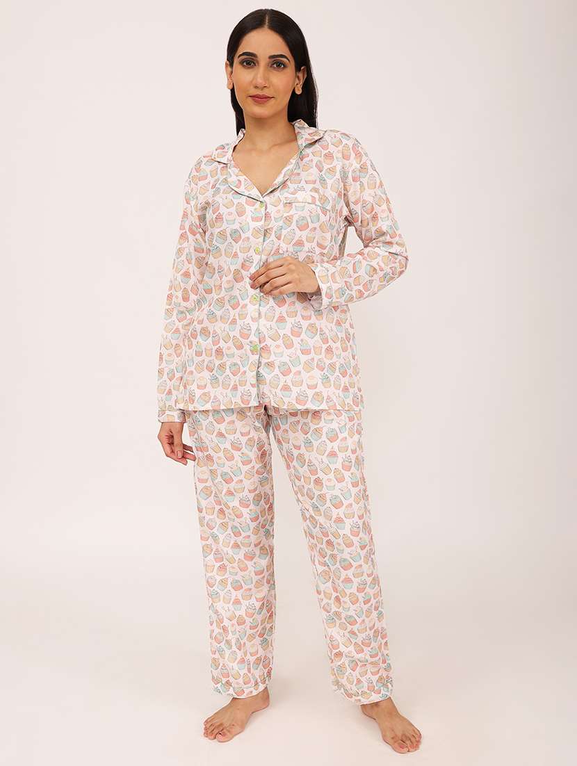 women printed long sleeve nightwear pyjama set