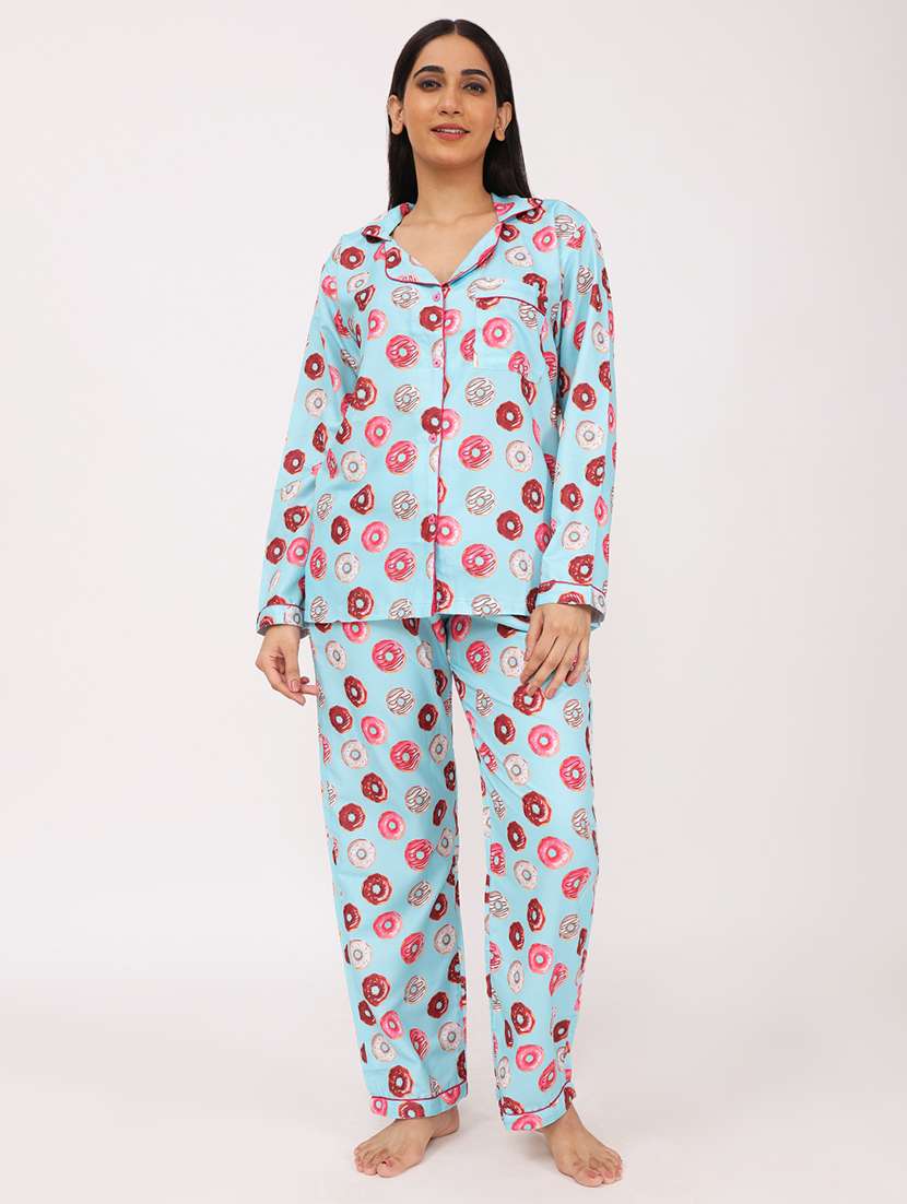 women printed long sleeve nightwear pyjama set