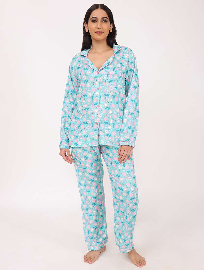 women printed long sleeve nightwear pyjama set