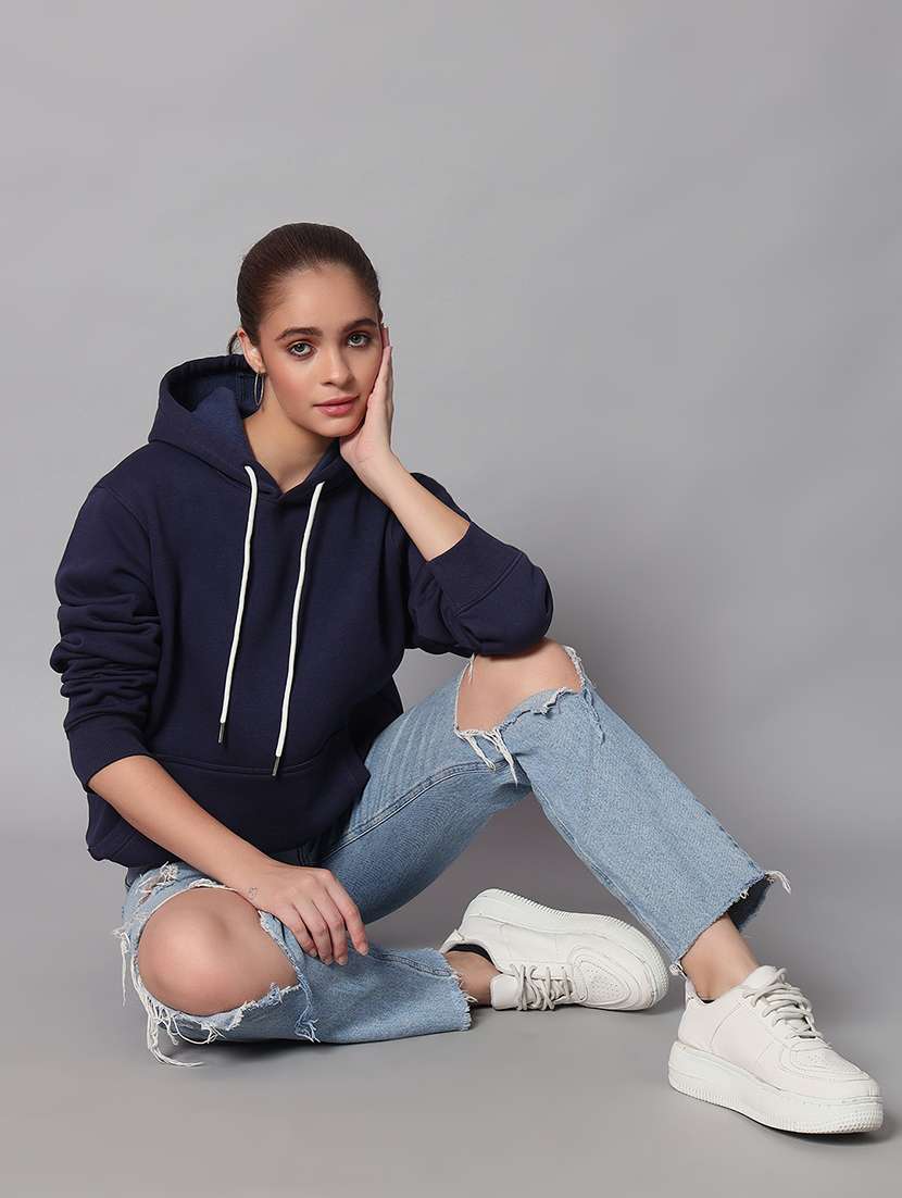 women solid long sleeve hooded sweatshirt - 22101648 -  Standard Image - 3