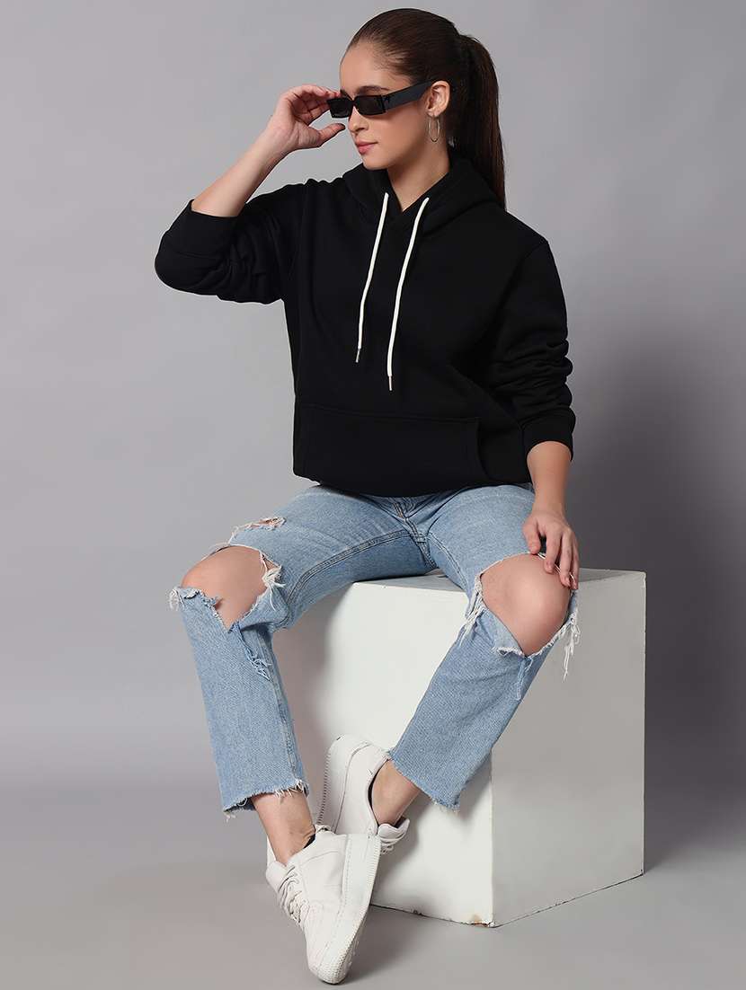 women solid long sleeve hooded sweatshirt - 22101657 -  Standard Image - 3