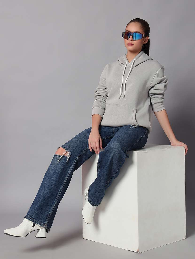 women solid long sleeve hooded sweatshirt - 22101660 -  Standard Image - 3